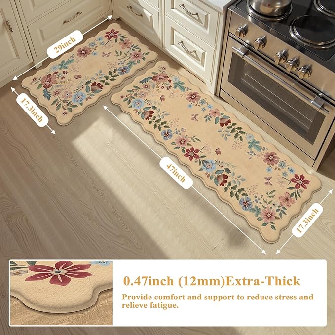 Collive Kitchen Floor Mat Cushioned Anti Fatigue, Scalloped Waterproof Kitchen Sink Rugs Non Skid Sets of 2, Memory Foam Comfort Standing Mats Boho Floral Desk Carpet for Laundry, Office, Home Decor