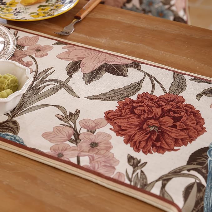 Linen Fall Table Runner 87 Inches Long,Vintage Rustic Farmhouse Blue and Red Flower Table Runners,Table Decoration for Christmas Thanksgiving Home Party Kitchen.12*87"-Burgundyred