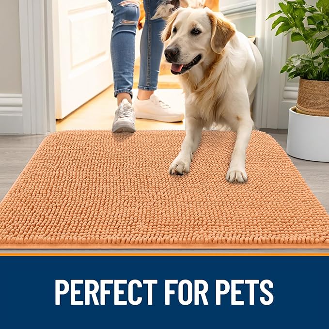 OLANLY Dog Door Mat for Muddy Paws 59x24, Absorbs Moisture and Dirt, Absorbent Non-Slip Washable Doormat, Quick Dry Chenille Mud Mat for Dogs, Entry Indoor Entryway Carpet for Inside Floor, Orange