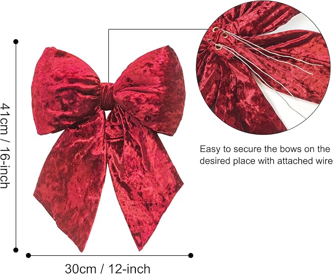 KI Store Burgundy Large Plush Velvet Bows Set of 2 12-Inch Christmas Bow Tree Topper for Christmas Tree Decoration Door Window Decor