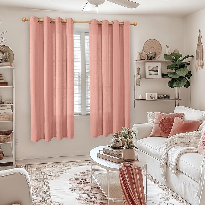 YoungsTex Dusty Rose Linen Curtains 63 Inches Length for Living Room, Light Filtering Burlap Textured Window Drapes with Grommet for Bedroom Girls Room Privacy Spring Decor, 2 Panels, 52 X 63 Inch