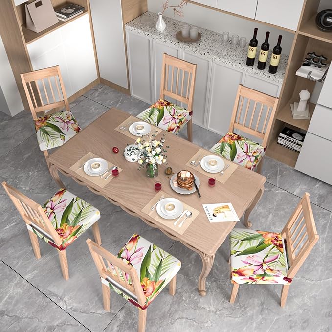 Stretch Dining Chair Seat Covers Set of 6,Dining Chair Slipcovers, Floral Printed Chair Covers,Soft Fabric Washable Upholstered Chair Seat Protector, No Rear Covers for Home Kitchen Dining Room