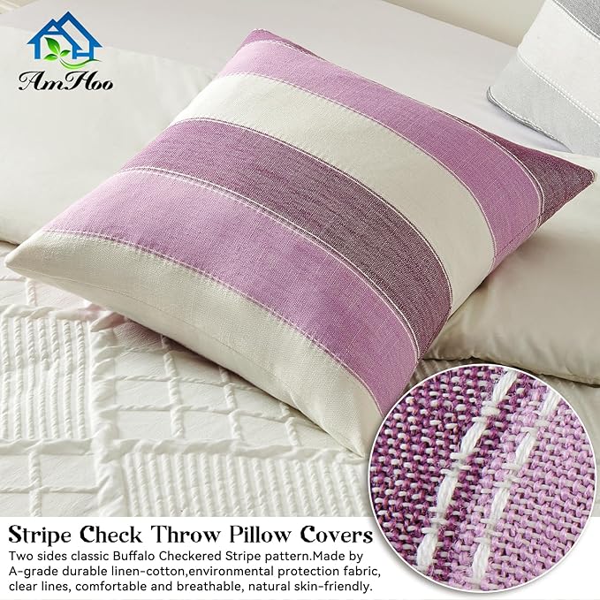 AmHoo Pack of 2 Farmhouse Stripe Check Throw Pillow Covers Set Case Cotton Linen Decorative Pillowcases Cushion Cover for Couch Bench Sofa 24x24 Inch Purple