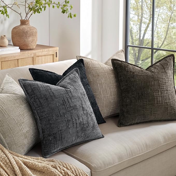 decorUhome Chenille Throw Pillow Covers 18x18 Set of 2, Thick Textured Slubby Neutral Decorative Pillow Covers with Elegant Design for Couch, Sofa, Living Room, Chocolate