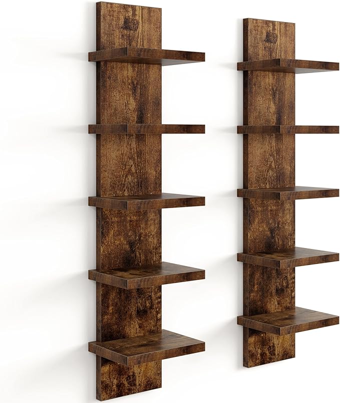 Fun Memories 5 Tier Wall Shelf Unit, Decorative Wall Mount Vertical Shelving, Floating Storage Home Decor Organizer Tall Tower Design Utility Shelving Bedroom Living Room, Brown 2Pack