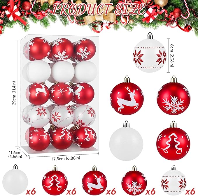 Christmas Ornaments Balls - 30 Pcs 2.4 Inch Shatterproof Plastic Christmas Balls Sets, Red & White Small Christmas Tree Ball Hanging Ornaments for Holiday Wreath Party Christmas Tree Decor (G)