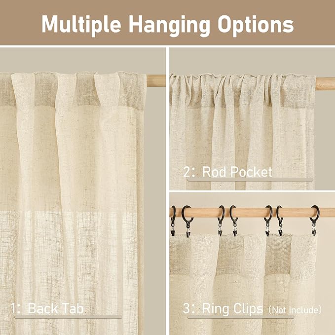 LAMIT 54 Inch Semi Sheer Window Linen Curtains, Light Filtering Panels Back Tab and Rod Pocket Neutral Drapes for Bedroom/Small Window, Beige, 2 Panels, 34 x 54 Inch