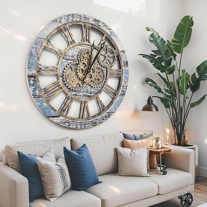 ImprovingLife The Gears Clock The Original Real Moving Gear Wall Clock Vintage Industrial Oversized Rustic Farmhouse (24 inch (60cm), Vintage Aqua Green and Bronze)