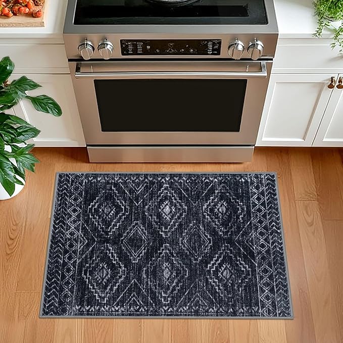KILOCOCO Boho Entryway Rug 2x3 Printed Small Area Rug Indoor Door Mat Machine Washable Kitchen Rugs Super Soft Non Slip Throw Rugs for Bedroom Entrance Geometric Laundry Room, Black/Navy