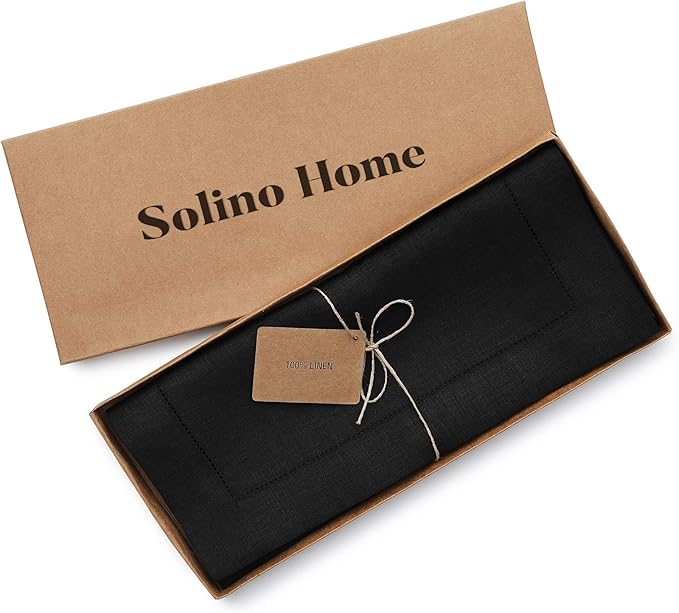 Solino Home Linen Black Table Runner 156 Inches Long - 100% Pure Linen Extra Long Table Runner 14 x 156 Inch for Spring, Easter - Classic Hemstitch