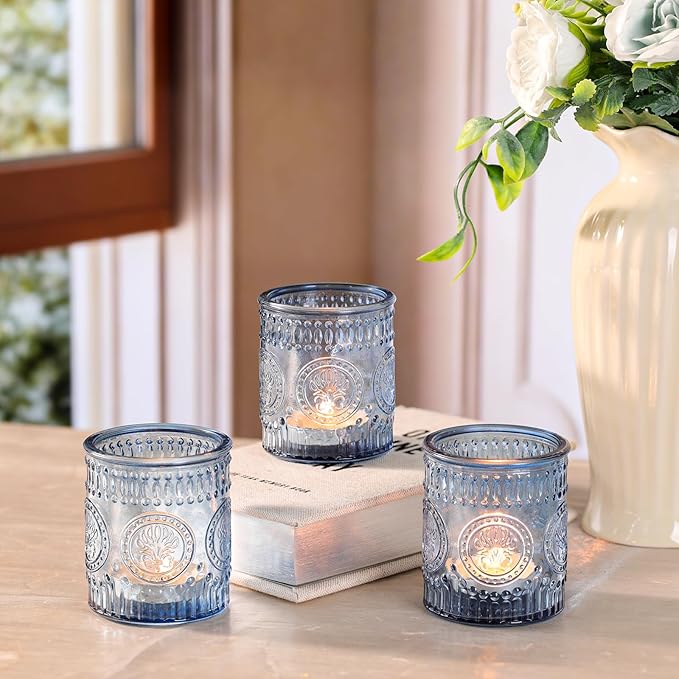 12 Pcs Blue Votive Candle Holders, Glass Tea Light Candle Holders for Wedding Table Centerpiece, Home Decor, Birdal Shower, Party