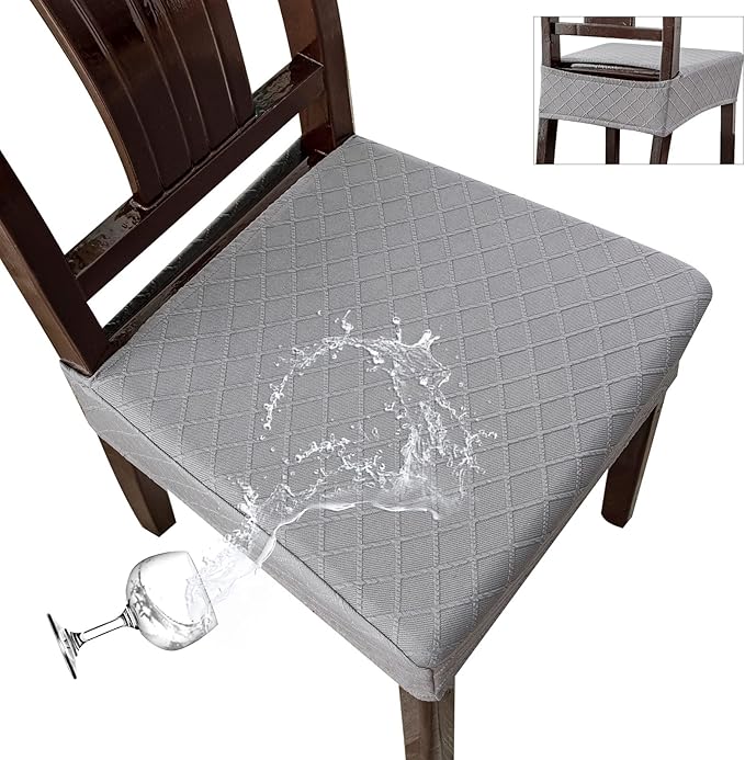 Genina Waterproof Seat Covers for Chairs,Set of 6 Dining Room Chair Seat Covers for Kitchen,Stretch Jacquard Removable Washable Dining Chair Slipcovers Protectors,No Rear Covers, Light Grey