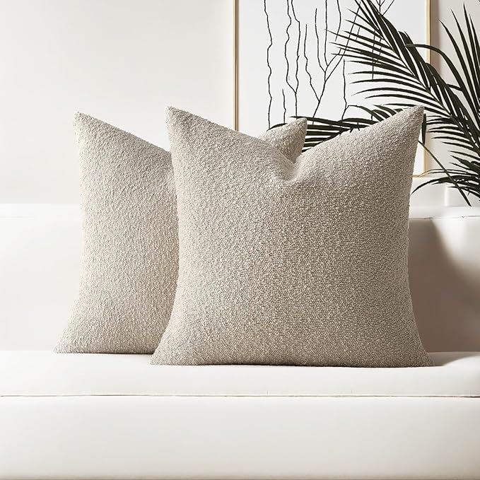 HAUSSY Set of 2 20x20 Decorative Throw Pillow Covers, Soft Cozy Textured Boucle Couch Cases, Home Decor for Couch Bed Living Room, Oatmeal