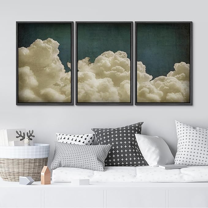 MUDECOR Framed Wall Art Print Set Vintage Cloudscape Dreamy Cotton Clouds Illustrations Modern Art Decorative Colorful Chic for Living Room, Bedroom, Office - 24"x36"x3 Black