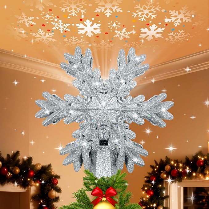 Christmas Tree Topper Lighted with LED Rotating Silver Snowflake Projector, 3D Hollow Glitter Lighted Silver Snow Christmas Star Tree Topper with Plug for Indoor Outdoor Christmas Tree Decorations