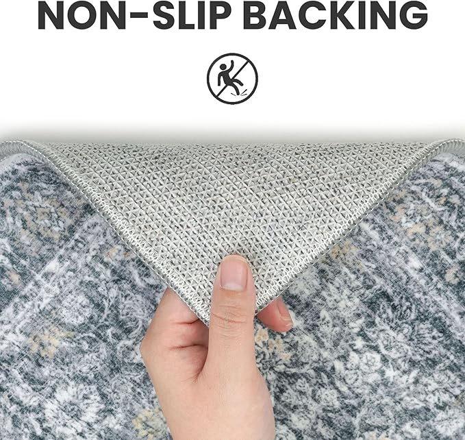 2x3 Washable Rug Soft Area Rug for Entryway, Grey Brown Non-Slip Indoor Door Mat Distressed Floral Low-Pile Kitchen Rugs, Neutral Vintage Carpet for Entrance Kitchen Bedside Farmhouse
