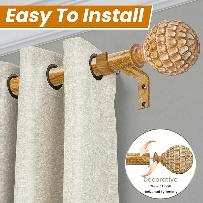 Wood Curtain Rod for Windows 48 to 84 inch, 1-inch Heavy-Duty Adjustable Curtain Rod with Decorative Pinecone finials for Farmhouse Living room, Bedroom, Dining room