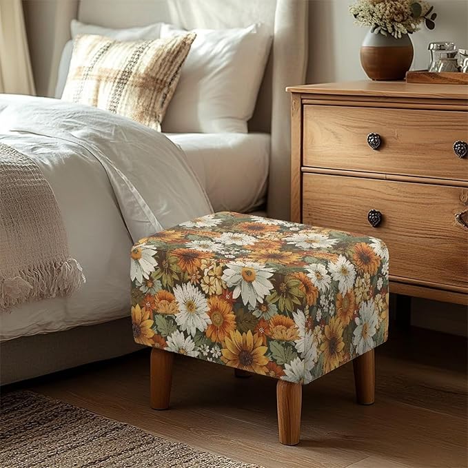 Sunflower Fall Ottoman Cover - Ultra Stretchy Machine Washable Slipcover for Rectangular Footstools, Cozy Thanksgiving Home Decor, 33x30x15 Inch for Friends
