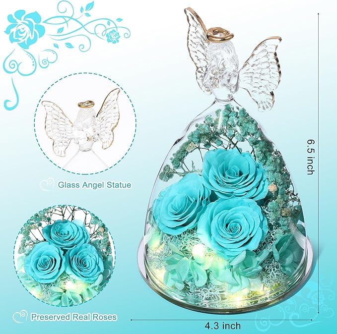 Christmas Rose Gifts for Women Preserved Real Flower in Glass Angel Figurines Roses for Delivery Prime Birthday Gifts for Mom Grandma Girlfriend Wife Her - Tify Blue