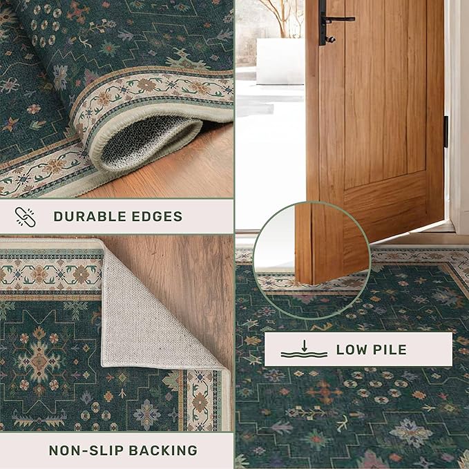 Dark Green Oushak 3x4 Large Entryway Rug - Modern Vintage Boho Floral, Washable Low Pile Non-Slip Area Rugs for Door Mat Indoor Entrance, Kitchen, Bedroom Beside Bed
