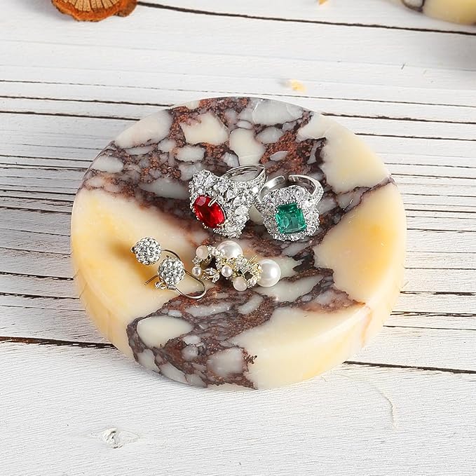 Koville Luxury Italy Calacatta Viola Marble Jewelry Dish, Small Round Trinket Dish for Ring Necklace Earring, 4" Decorative Tray, Aesthetic Home Table Marble Decor