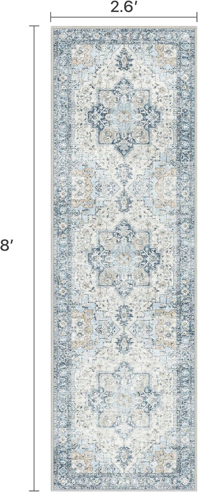 Runner Rug 2'6''x8, Non Slip Vintage Hallway Runner Rugs, Low Pile Lightweight Machine Washable Mat for Hallway, Entryway, Bedroom, Kitchen and Corridor, Blue