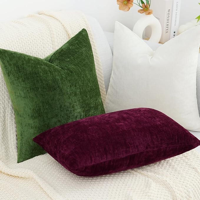 decorUhome Chenille Burgundy Christmas Throw Pillow Covers 26x26 Inch Set of 2, Decorative Soft Couch Pillow Covers Solid Dyed Accent Farmhouse Neutral Square Pillow Cases for Sofa