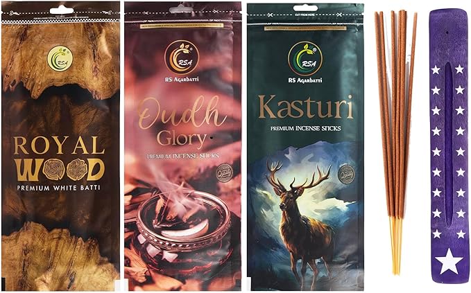 Hashcart Premium Incense Sticks Set of 3 Includes 200+ Sticks of Fragrances Each of Royal Wood, Kasturi, Oudh Glory, 110g Each, 45-50 Mins Burn Time with 1 Assorted Incense Stick Holder