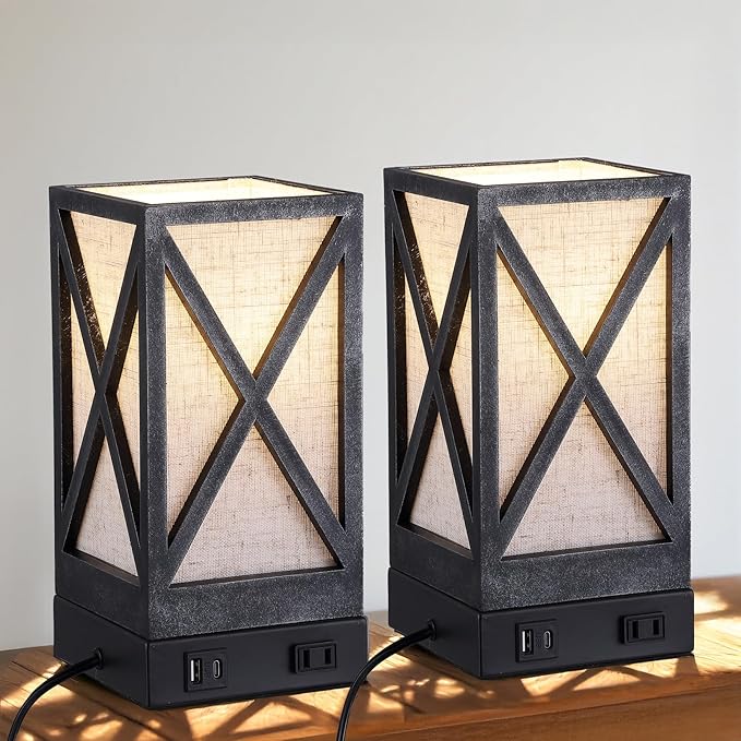 Table Lamp, Set of 2 Rustic Farmhouse Nightstand Lamps, 3 Color Temperatures Desk Lamp with USB Charging Ports AC Outlet Vintage Lamp for Living Room Bed Room, Pewter