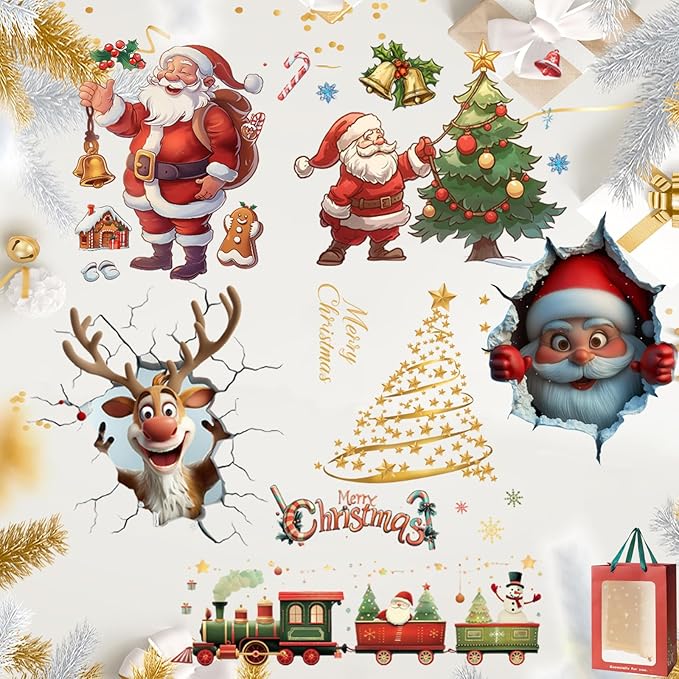 Christmas Creative Wall Sticker, Large 3D Wall Stickers Peel and Stick, Removable Winter Holiday Xmas Break Through Walls Decor, for Window Refrigerator Decorations (6pcs)