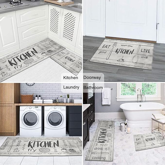 Kitchen Rugs Sets of 2 - Non Slip Washable Microfiber Kitchen Rug, Farmhouse Country Kitchens Rugs and Mats for Decor, Sink, Stove, Laundry, Machine Washable,（17"x 48"+17"x 24"）