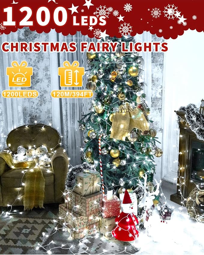 Christmas Lights String Outdoor Indoor, Cold White 403FT 1200 LED Xmas Tree Decorations Lights,Plug in Twinkle Fairy Light with Remote Timer for Room Yard Holiday Party Wedding Camping Decor