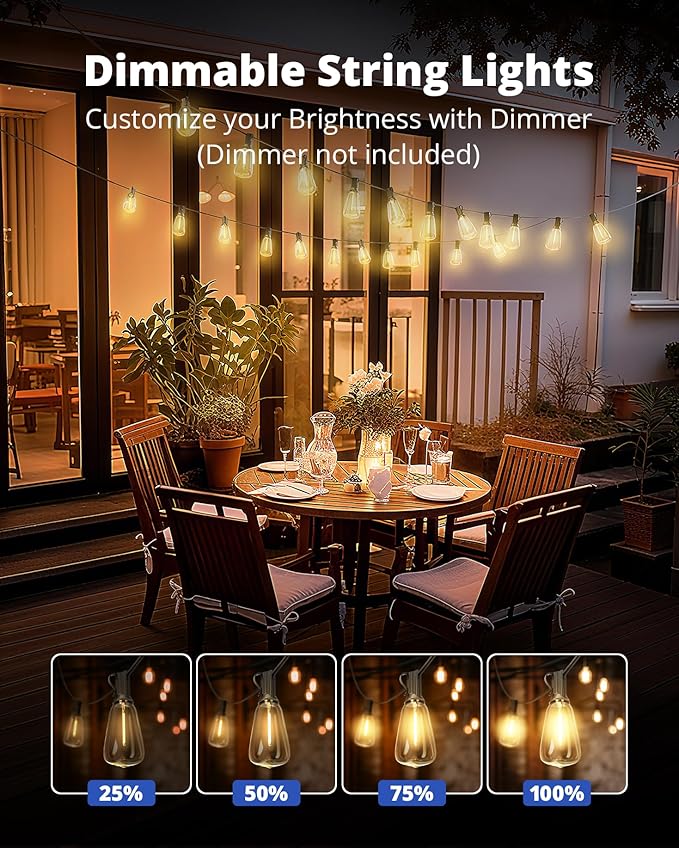 VIPAR Outdoor String Lights 25FT LED Patio Lights IPX5 Waterproof with 10+1 ST38 Shatterproof Edison Bulbs, 2700K Connectable Outside Hanging Light for Porch, Garden, Backyard, Deck, Balcony, E12 Base