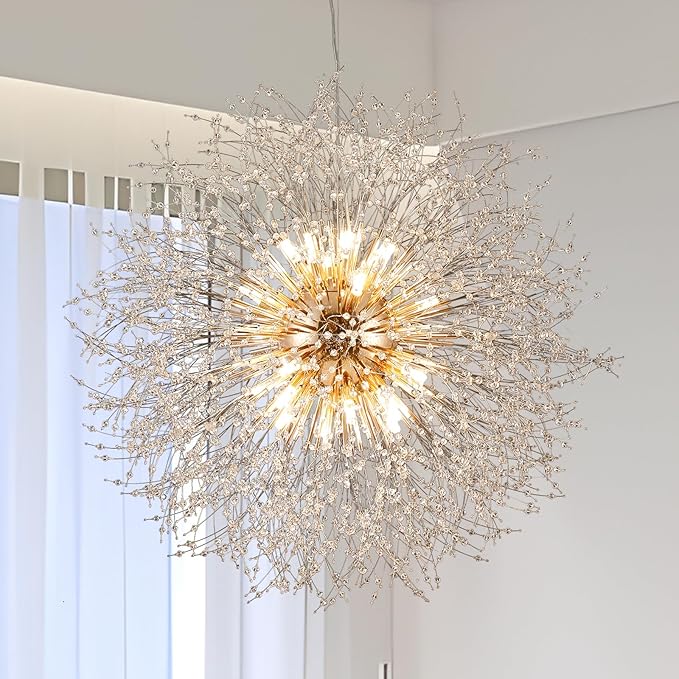 Modern Sputnik Chandelier, Large Crystal Beaded Hanging Light, Gold 16-Light Firework Lamp, Round Dandelion Pendant Light Fixtures for Dining Room Living Room Bedroom (Gold, D31.4inch)