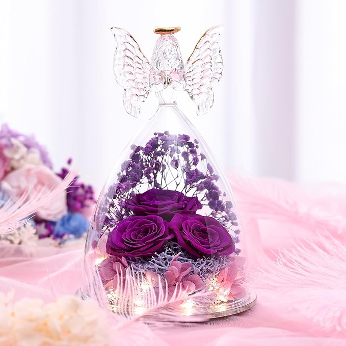Christmas Rose Gifts for Women Preserved Real Flower in Glass Angel Figurines Roses for Delivery Prime Birthday Gifts for Mom Grandma Girlfriend Wife Her, Full Purple