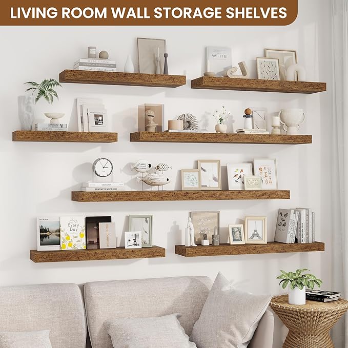 fuqing Floating Shelves for Wall, Wall Mounted Wood Floating Shelf with Invisible Brackets for Living Room, Bathroom, Bedroom, Kitchen Storage and Decor, 36 Inch Set of 2, Rustic Brown
