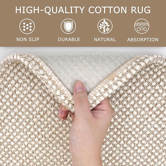 KOZYFLY Runners for Hallways 2x8 ft Washable Kitchen Runner Non Slip Rubber Backed Hall Runners Cotton Entryway Runner Rugs Floor Carpet for Indoor Backdoor Bedroom Kitchen, Ivory/Khaki