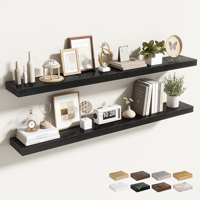48 Inch Floating Shelves for Wall 2 Pack, 48" Wall Shelves for Books, Storage, Decor, Wall Mounted Floating Shelf with Invisible Brackets for Kitchen, Living Room, Black