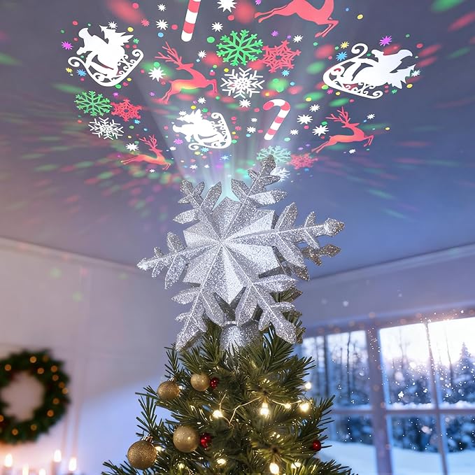 DG-Direct Christmas Tree Topper Lighted with 6 Projected Patterns, Led Rotating Magic Snowflake, 3D Hollow Glitter Lighted Silver Snow Tree Topper for Christmas Tree Decorations, Silver