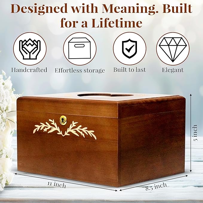 Wedding Keepsake Box With Lock, Large Memory Box for Keepsakes | Decorative Large Wooden Storage Box, with Heart frame Photo Keepsake Box, Baby Memory box | Wooden Gift Boxes-11×8.5×5in