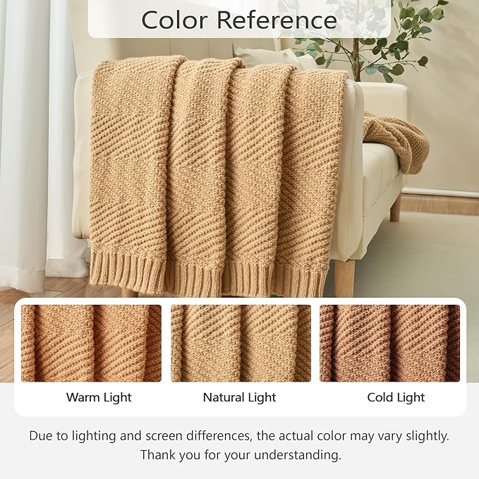 Knitted Throw Blanket 60"X80", Tan Brown Knit Throws for Bed, Super Soft Boho Chevron Blankets for Couch Sofa Chair Room Decor, Textured Decorative Farmhouse Cozy Lightweight