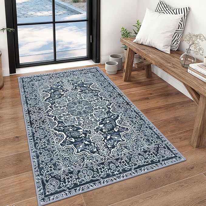 KUTA 3x5 Rugs for Entryway Non-Slip Washable Area Rug, Vintage Floral Kitchen Rugs Navy Blue, Ultra Soft Printed Medallion Tribal Entry Low-Pile Carpet for Entrance Bedroom Nursery Dorm Décor