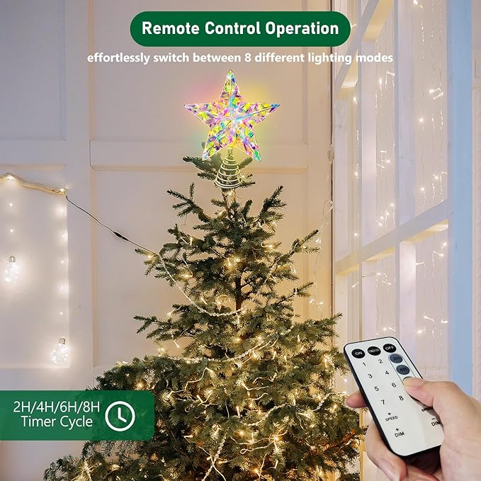 Christmas Tree Topper, LED Star Tree Topper with Remote Control, 8 Lighting Modes, Lighted Tree Topper for Christmas Home Party Decor