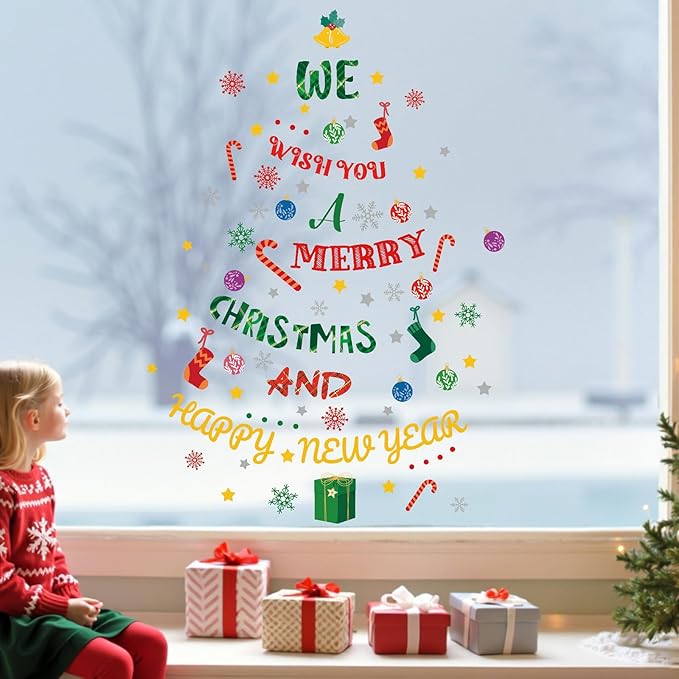 Christmas Tree Wall Stickers,Xmas Tree Wall Decals,Merry Christmas Window Clings, Snowman Wallpaper Snowflake for Party Class Home Living Room Bedroom