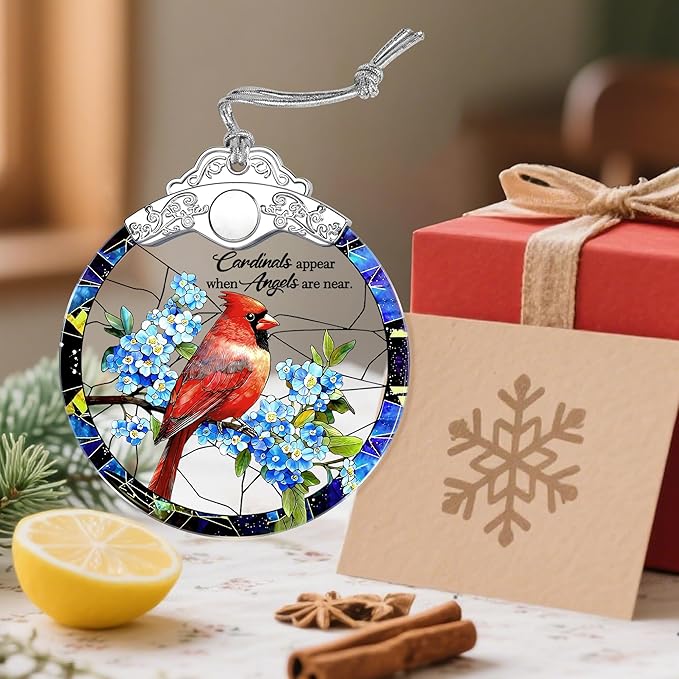 Cardinal Christmas Ornaments: Stained Glass Ornament, Christmas Tree Ornament, Hanging Ornaments for Home Decor – in Memory of Loved One, Cardinal Gifts, Memorial Gift & Sympathy Gift