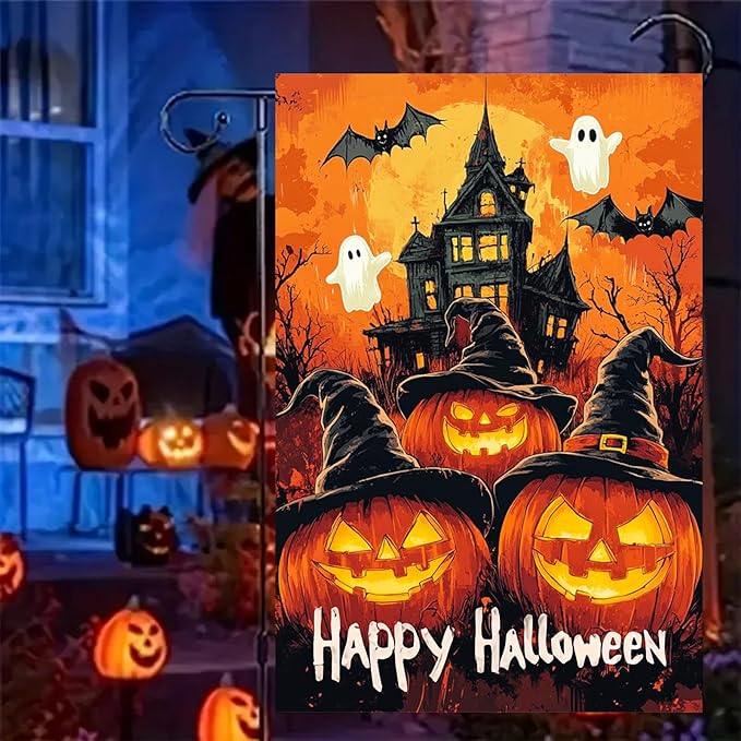 Halloween Garden Flag 12x18 Inch Pumpkin Witch Hat Ghost Bat Haunted House Double Sided Fall Outdoor Halloween Yard Flag Spooky Holiday Banner Porch Lawn Decoration Seasonal Party Decor Sign