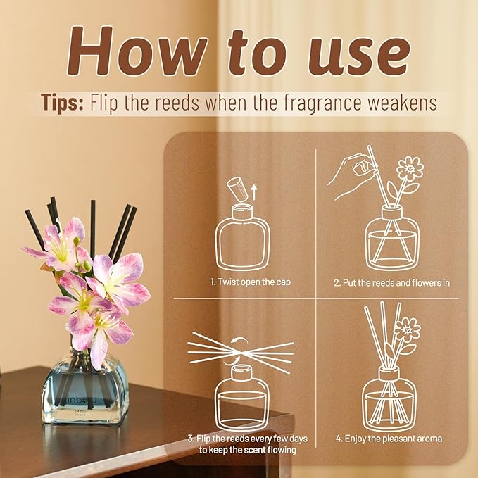 Flower Reed Diffuser Set, Home Fragrance with Vanilla Essential Oil and Scent Sticks, Air Freshener for Bedroom, Living Room, Office or Bathroom Decor 3.4 oz