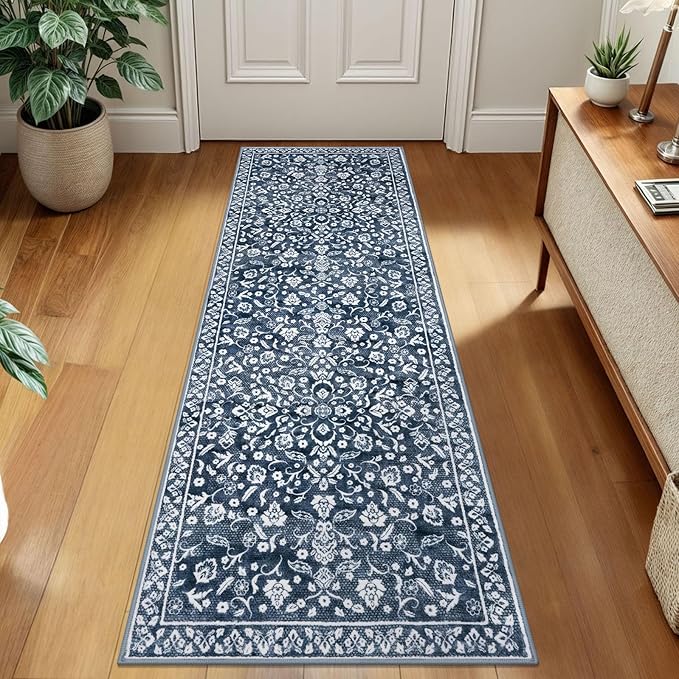 Vintage 2x7 Runner Rug, Navy Washable Runners for hallways, Super Soft Kitchen Runner Rug Non Slip, Print Faux Wool Floral Thin Carpet Runner for Entryway Indoor Bedside Runner