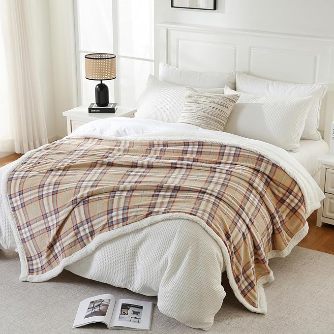 PU MEI Sherpa Blanket Twin Plaid Thick Bed Blanket, 60”*80” Super Soft Flannel Fuzzy Fleece Reversible Velvet Plush Warm Blanket for Couch (Yellow Red Check)
