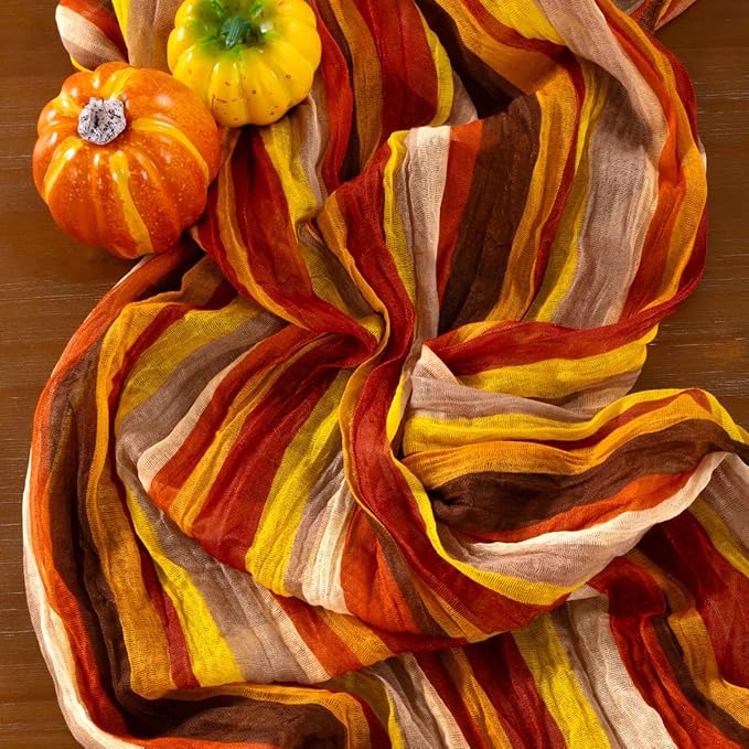 Socomi Fall Stripe Table Runner Cheesecloth Gauze Thanksgiving 120 Inch Rustic Boho Cheese Cloth Runner for Wedding Party Baby Bridal Shower Decoration Holiday Home Decorations